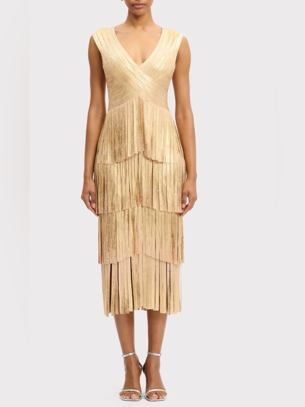 Herve Leger THE METALLIC GRACIE MIDI DRESS GOLD NWT